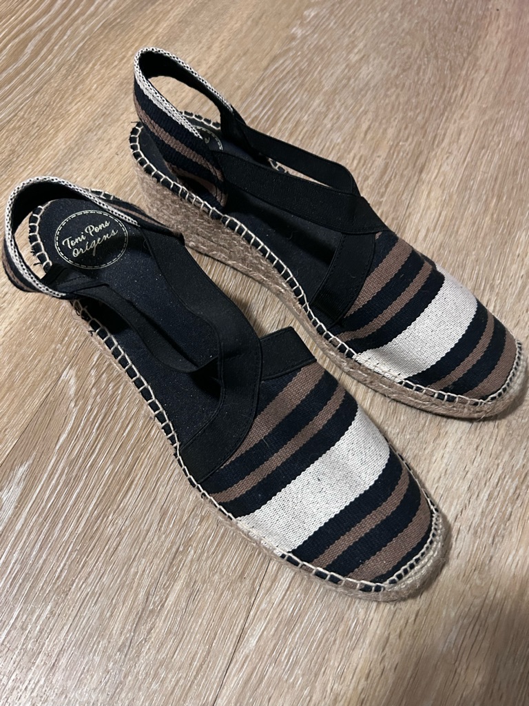 Toni Pons Black Brown Cream Striped Espadrille Slingback